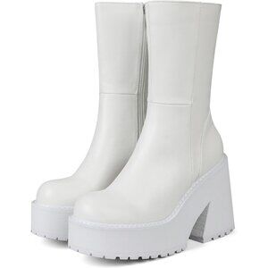 Women's Synthetic A-White Combat Wedge Heel Ankle Motorcycle Round Toe Booties